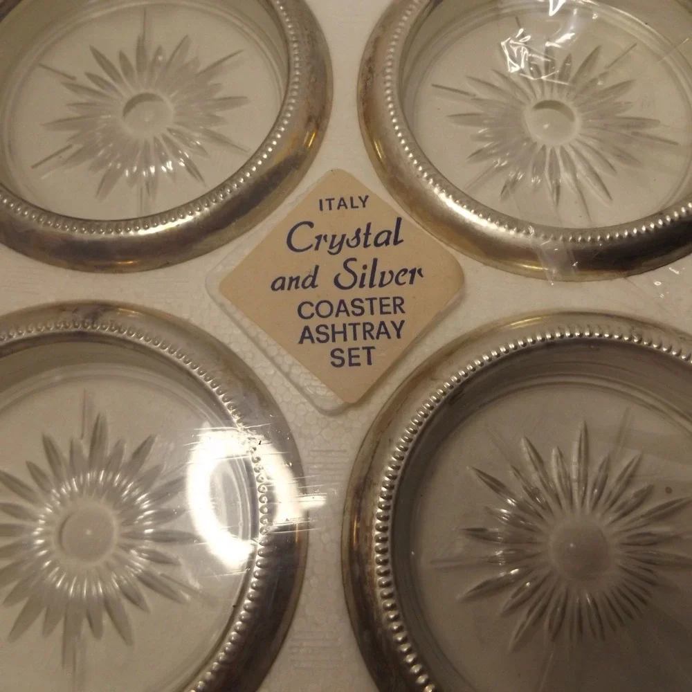 Set Of 4 Vintage Leonard Crystal And Silver Coasters Made In Italy,